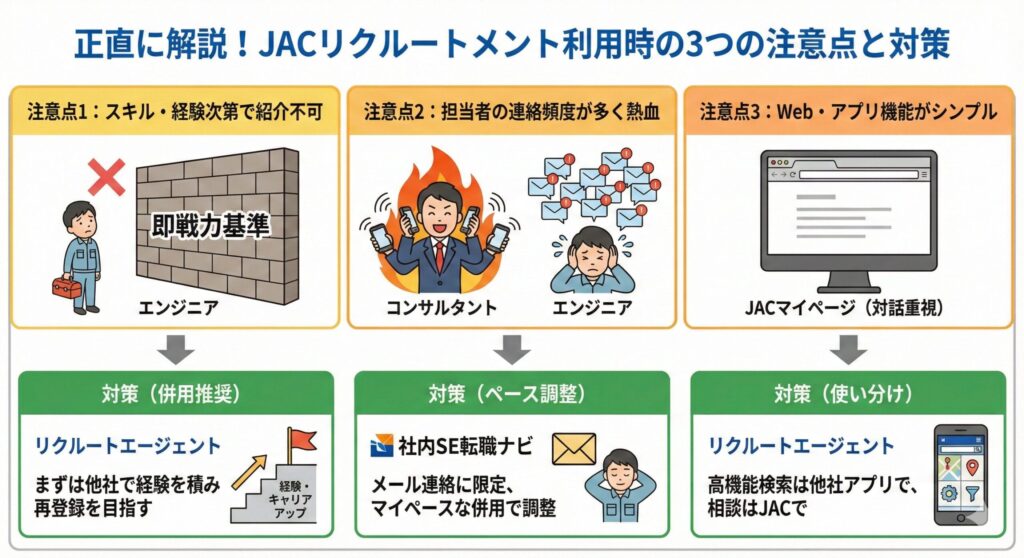 JACリクルートメントの利用前に知るべきデメリットや注意点（即戦力基準、熱心な連絡、シンプルなシステム）と、それらを補うための具体的な対策（他社エージェントとの併用・使い分け戦略）をまとめた図解