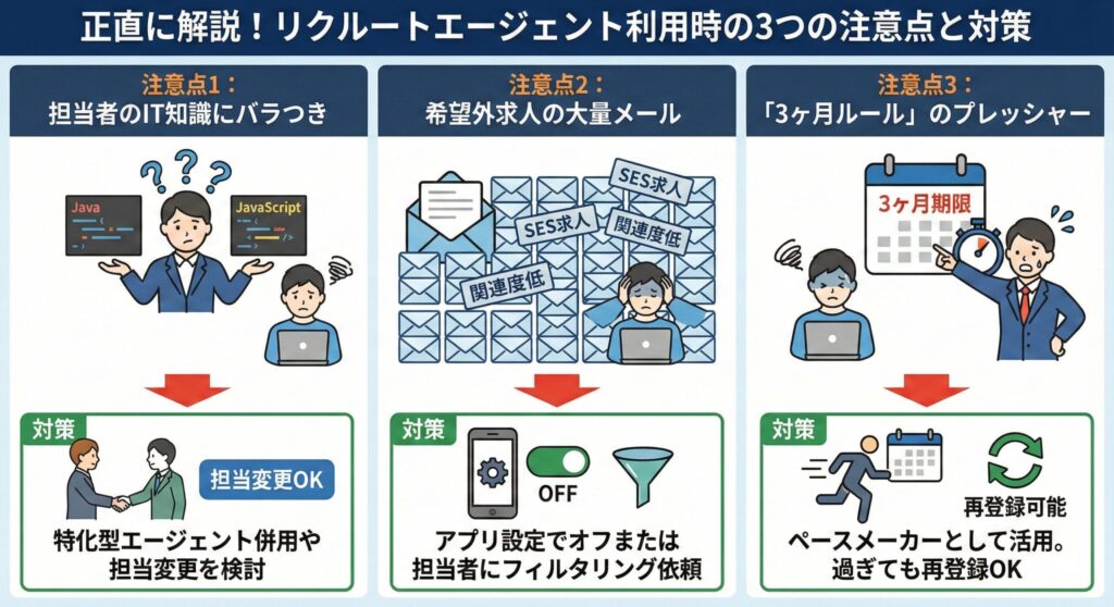 リクルートエージェント利用前に知るべき3つの弱点と、失敗を防ぐための具体的な対策（担当変更、メール設定、期間活用）をまとめた図解。担当者のIT知識不足、不要な求人メール、3ヶ月ルールのプレッシャーといった課題への対処法を図示している。