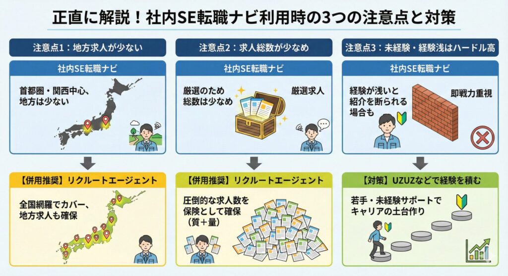 社内SE転職ナビの利用前に知っておくべき3つの弱点（地方求人の少なさ、求人数の限定性、未経験者・経験浅への高いハードル）と、それらをカバーするための具体的な解決策（リクルートエージェントやUZUZとの併用活用）をまとめた図解