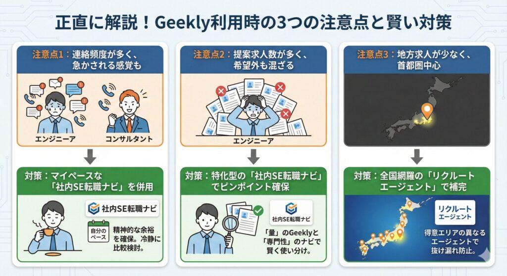 Geekly利用前に知っておくべきデメリットや注意点（連絡の多さ、求人の雑多さ、地方の弱さ）と、それらを補うための具体的な対策（社内SE転職ナビやリクルートエージェントとの併用戦略）をまとめた図解