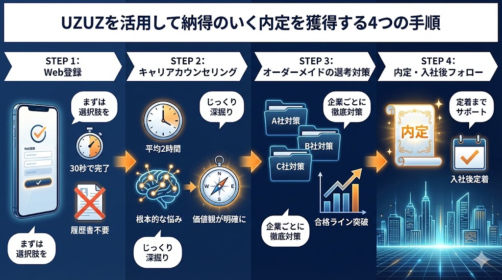 UZUZを活用して納得のいく内定を獲得する4つの手順：30秒登録、丁寧なカウンセリング、オーダーメイド対策、入社後フォローまでをアニメ調で解説