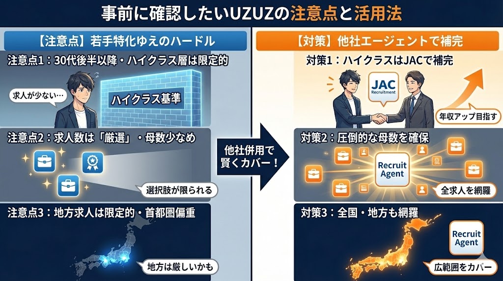 UZUZ利用時の3つの注意点（ハイクラス、求人数、地方）と他社併用による対策を解説したイラスト