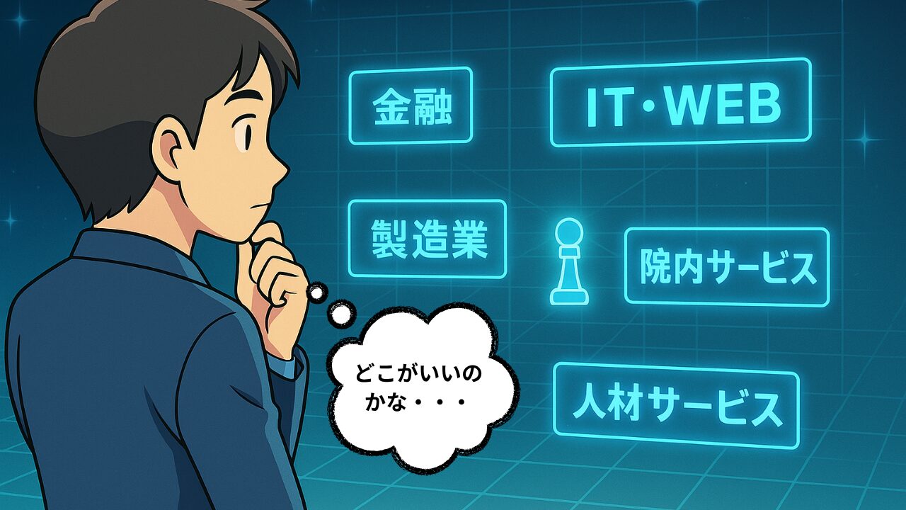 複数の業界（金融、IT・WEB、製造業、院内サービス、人材サービス）を見ながら、どこに転職すべきか悩む男性のイラスト