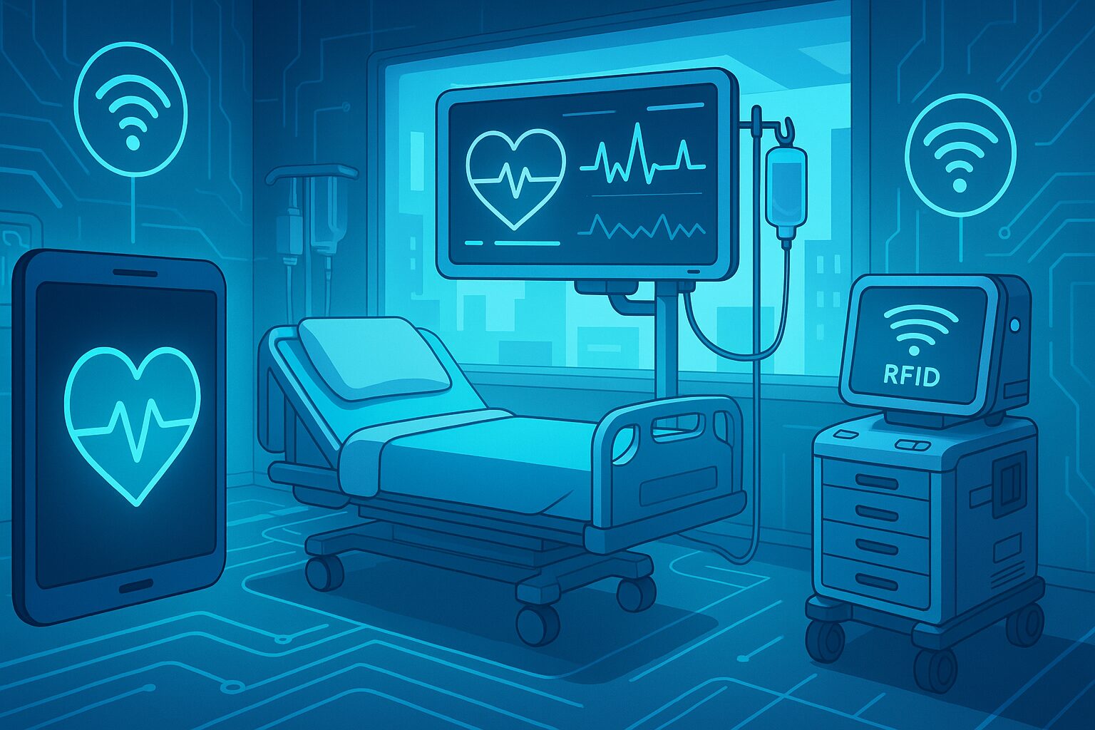 IoTやRFIDが導入された未来的な病室のイラスト。ベッドの周囲に心電図モニターやタブレット、無線通信のアイコンが描かれ、医療機器がネットワークに接続されている様子が表現されている。