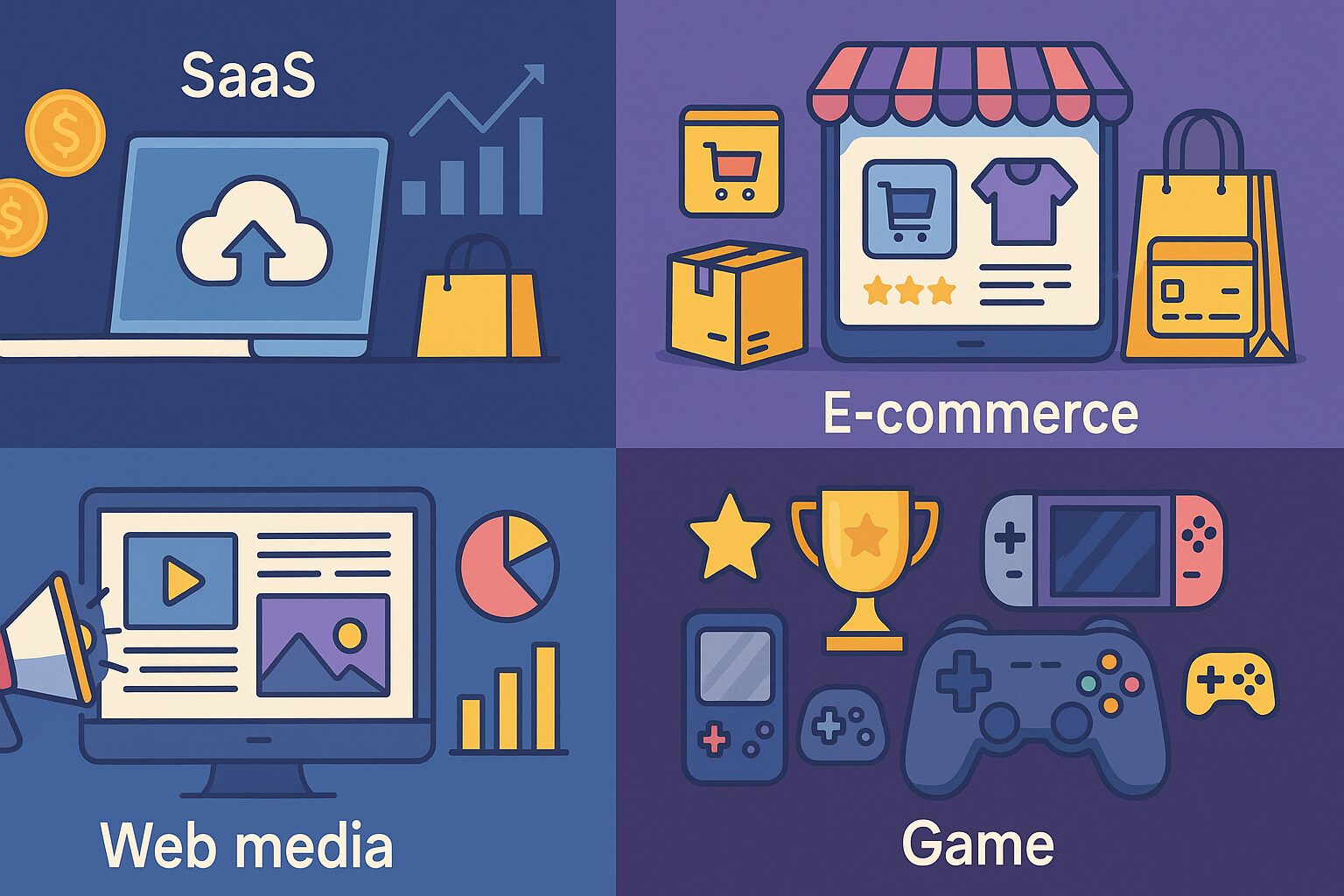 ITWEB業界の主要4セグメント（SaaS、Eコマース、Webメディア、ゲーム）を象徴するアイコンが並んだイラスト。