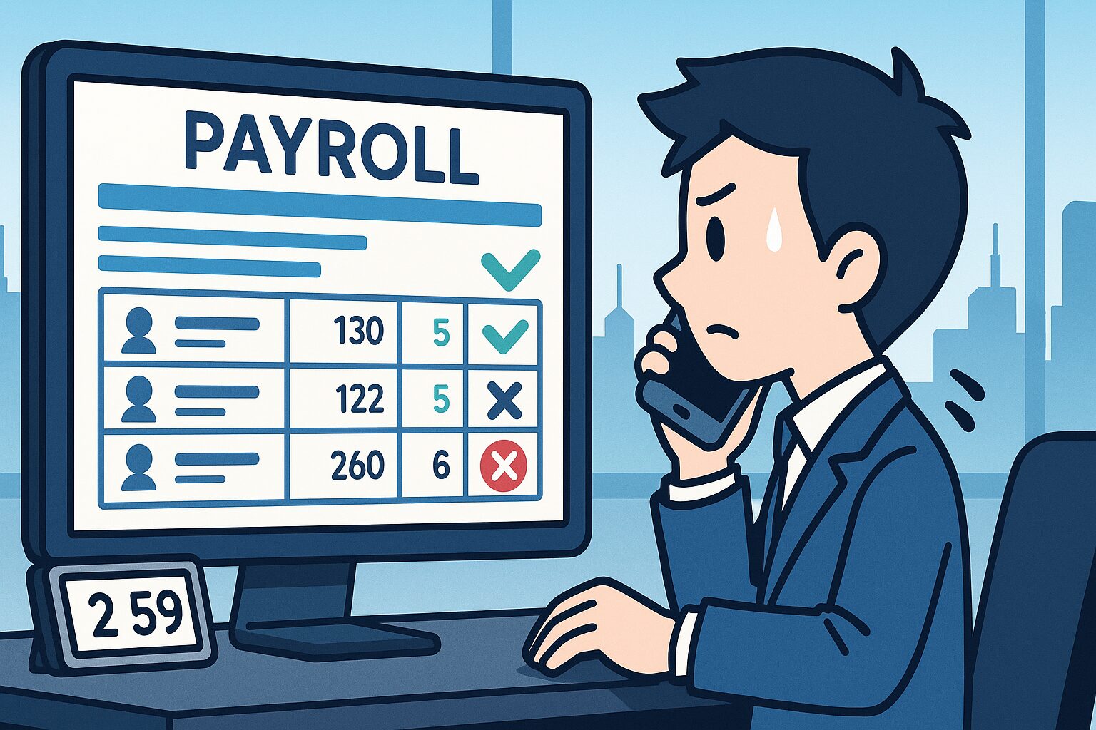 給与計算（PAYROLL）システムのエラー画面を見て、焦った表情で電話をするスーツの男性。派遣社員の勤怠データに不備があり、トラブル対応に追われている様子。