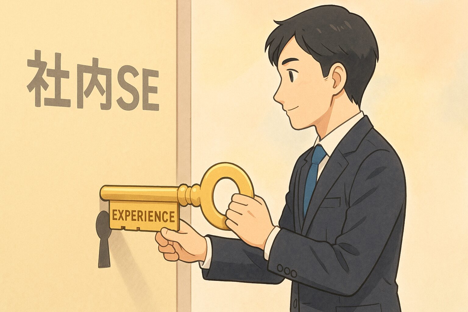 「EXPERIENCE」と刻まれた金色の鍵で社内 SE への扉を開く男性のイラスト