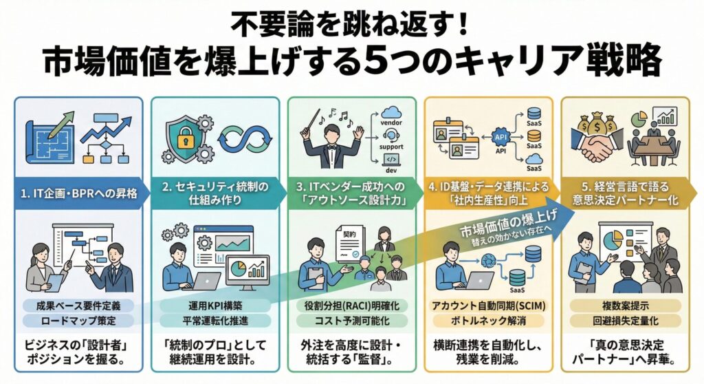 社内SE不要論を克服し市場価値を飛躍的に高めるための5つの具体的なキャリア戦略を示す図解。「ビジネスの設計者」「統制のプロ」「外注の監督」といった役割への進化や、データ連携による生産性向上、そして最終的には経営層の「真の意思決定パートナー」となるまでのロードマップを段階的に解説したイラストレーション