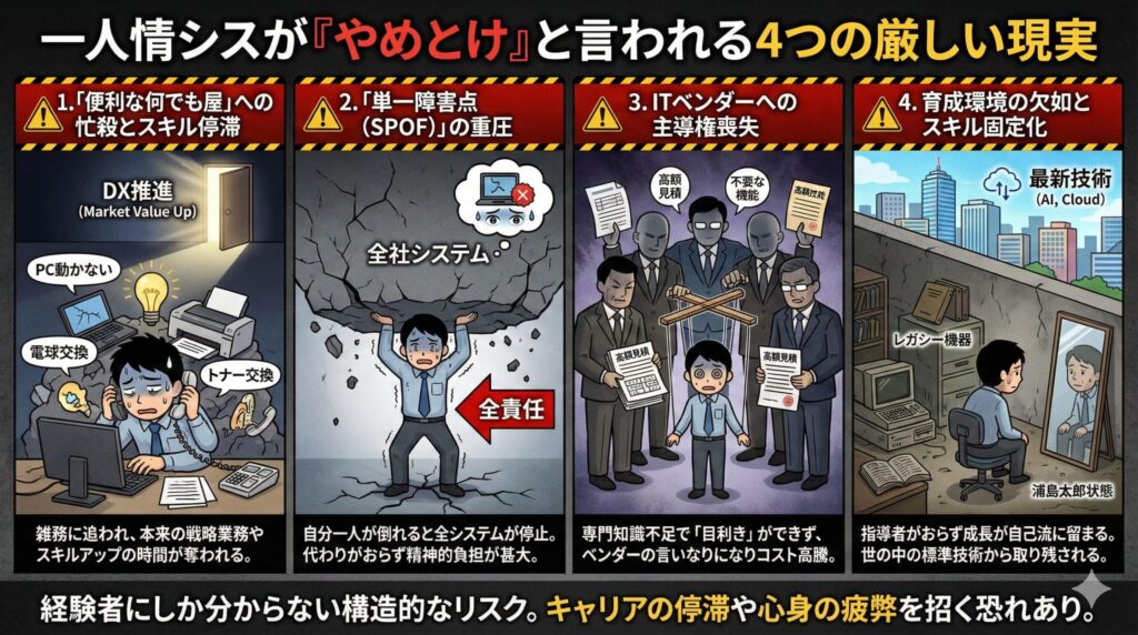 「一人情シスはやめとけ」と言われる根拠となる4つの厳しい現実（何でも屋化、SPOFの重圧、ベンダー支配、スキル固定化）をまとめた警告パネル。キャリア停滞や心身の疲弊を招く構造的なリスクを解説。