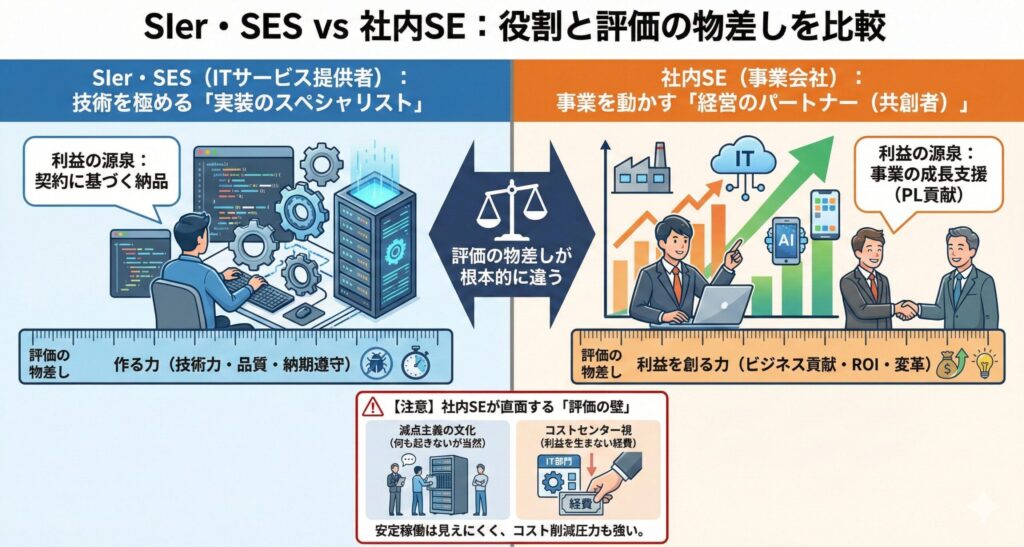 社内SEが「事業の共創者」として評価される仕組みを示す比較図。SIer・SES時代の「納品」がゴールではなく、ITを活用して「事業成長支援（PL貢献）」や「ROI向上」を実現することが、社内SEにおける新しい評価の物差しであることを説明するイラストレーション。