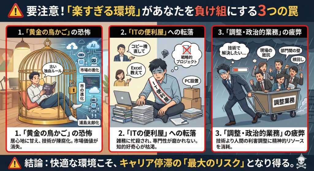 図解：社内SEが陥りがちな3つのキャリアリスク。「黄金の鳥かごによるスキルの陳腐化」「ITの便利屋化による専門性の喪失」「調整業務による疲弊」を警告するインフォグラフィック。