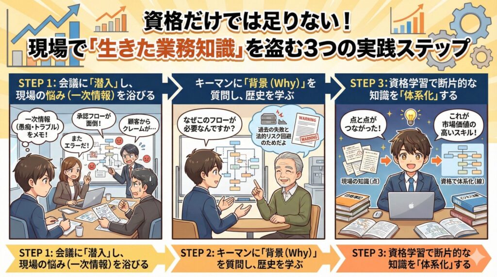 社内SEが現場で「生きた業務知識」を習得するための3つの実践ステップ（会議でメモ、キーマンに質問、資格で体系化）を描いたアニメ調のフロー図
