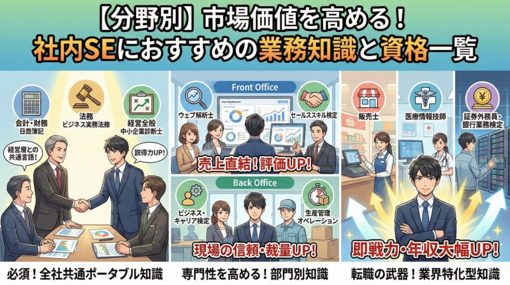 社内SEの市場価値を高める分野別おすすめ資格（簿記、ウェブ解析士、販売士など）と、それぞれのキャリアアップイメージを描いたアニメ調イラスト。