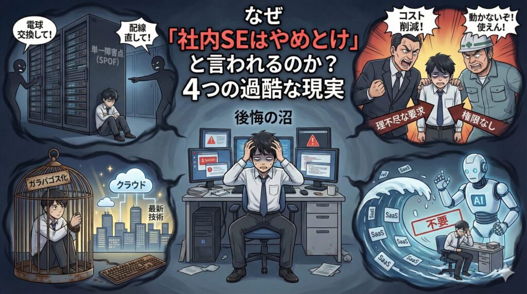 4つのストレス要因に囲まれ絶望する社内SEの図解イラスト。周囲には「ひとり情シス」の激務、上司と現場の「板挟み」、古い技術の「鳥かご」、AIとSaaSの「波」が描かれ、逃げ場のない状況を表現している。