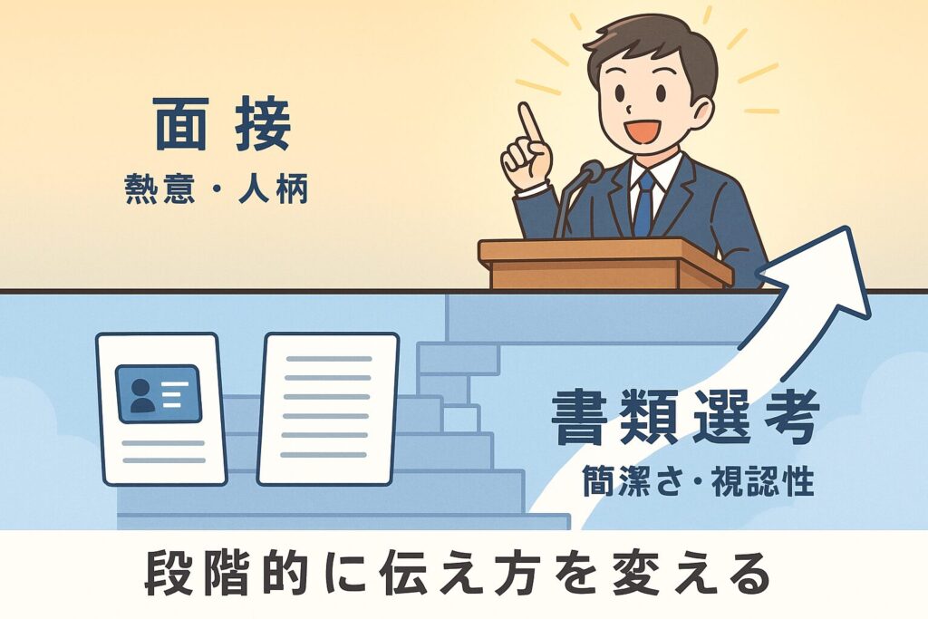 社内SE転職における「書類選考の簡潔さ・視認性」と「面接での熱意・人柄」の違いを二層構造で示したアニメ調イラスト