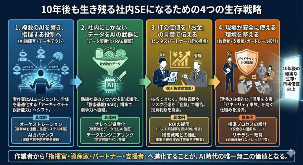 図解：「10年後も生き残る社内SEになるための4つの生存戦略」。作業者から「AI指揮官・アーキテクト」「データ資産家」「ビジネスパートナー」「現場支援者」へと進化していくロードマップと、各段階での具体的なアクション（RAG構築、ROI提示など）を解説したインフォグラフィック。