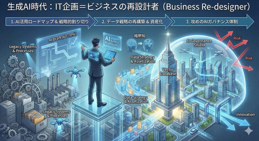 図解：生成AI時代のIT企画の役割「ビジネスの再設計者」。AI活用ロードマップ、データ戦略の再構築、AIガバナンス体制という3つのステップによるビジネス変革プロセスを示すインフォグラフィック
