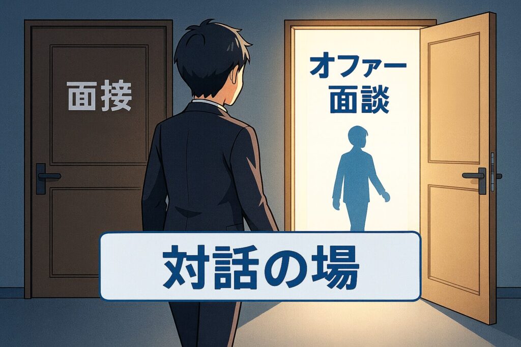 社内SE転職におけるオファー面談と面接の違いを示すアニメ風イラスト