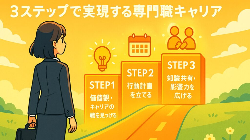 社内SEが専門職キャリアを実現する3ステップ（価値観、行動計画、知識共有）を描いた明るいイラスト