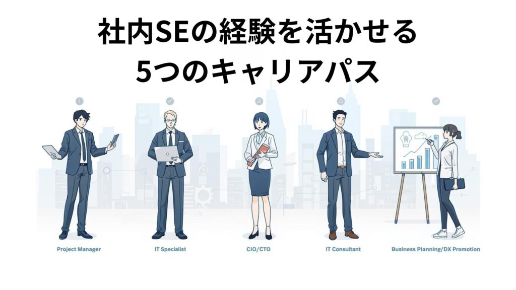 社内SEが活かせる5つのキャリアパス（PM・専門職・CIO/CTO・ITコンサル・DX推進）を描いたアニメ風イラスト。
