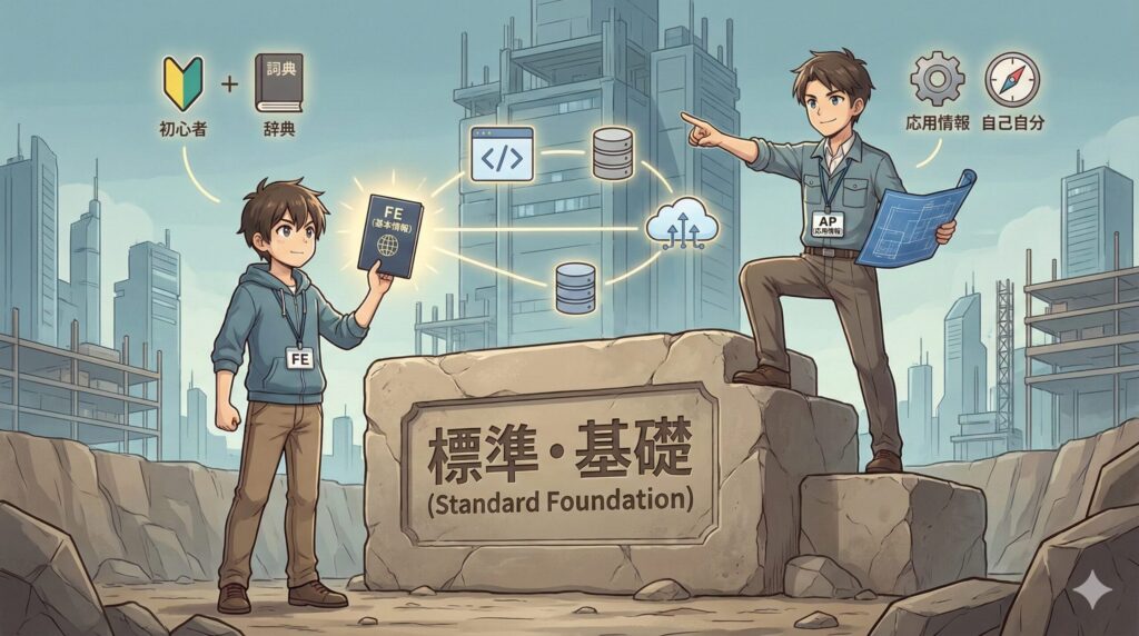 ITエンジニアの基礎・土台となる標準資格（基本情報技術者試験FE、応用情報技術者試験AP）が、共通言語として機能することを表現したアニメ調イラスト