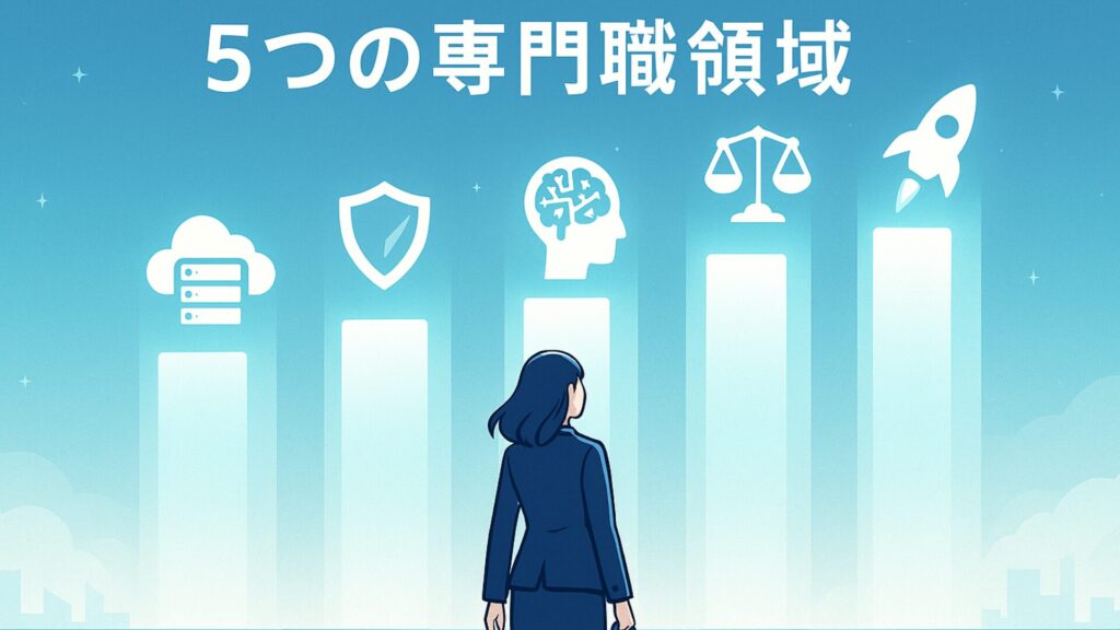 社内SEが目指せる5つの専門職領域（クラウド、セキュリティ、AI、ガバナンス、DX）を描いたイラスト