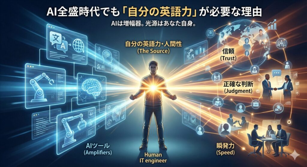 中央のITエンジニアが「光源（自分の英語力・人間性）」となり、左側の「AIツール（増幅器）」を活用して、右側の「信頼」「正確な判断」「瞬発力」というビジネス成果を生み出す様子を視覚化。「AIは増幅器。光源はあなた自身」というメッセージを伝えている。