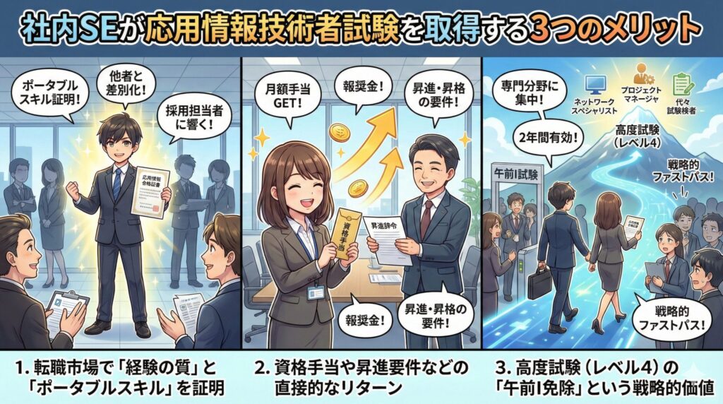 社内SEが応用情報技術者試験を取得する3つのメリットを図解したアニメ調イラスト。「1.転職市場でのスキル証明と差別化」「2.資格手当や昇進といった直接的なリターン」「3.高度試験（レベル4）の午前I免除という戦略的価値」を具体的に表現している。