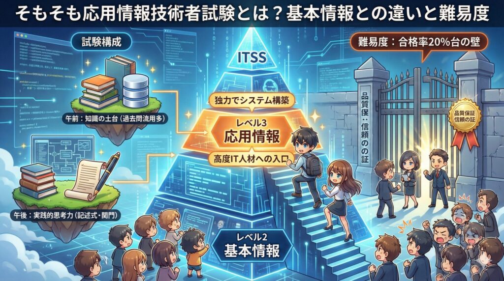 応用情報技術者試験（AP）の概要を解説した図解イラスト。基本情報（レベル2）との違い、ITSSレベル3の位置づけ、午前・午後の試験構成、合格率20%台の難易度の壁と合格の価値（品質保証）をアニメ調で表現している。