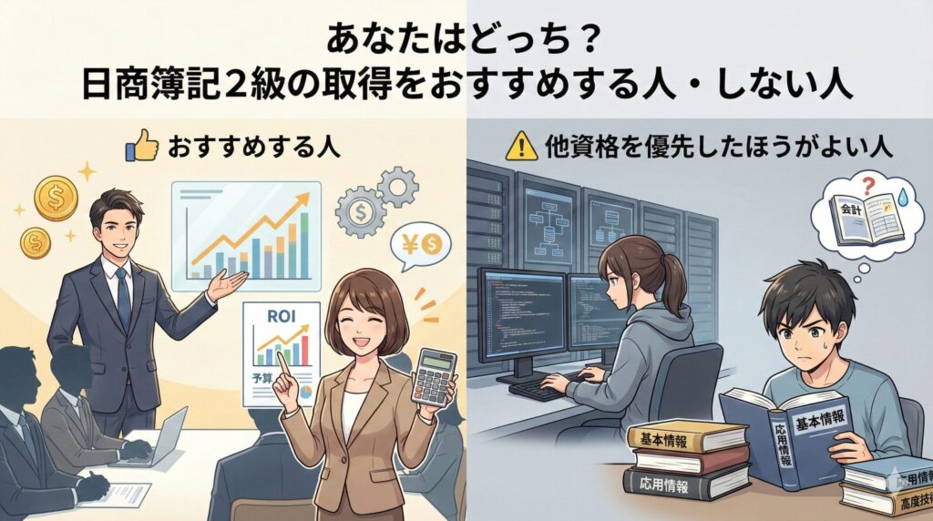 H2画像: あなたはどっち？日商簿記2級の取得をおすすめする人（左：ITコンサル、管理職）と、他資格を優先したほうがよい人（右：高度技術者、初級エンジニア）の比較アニメイラスト