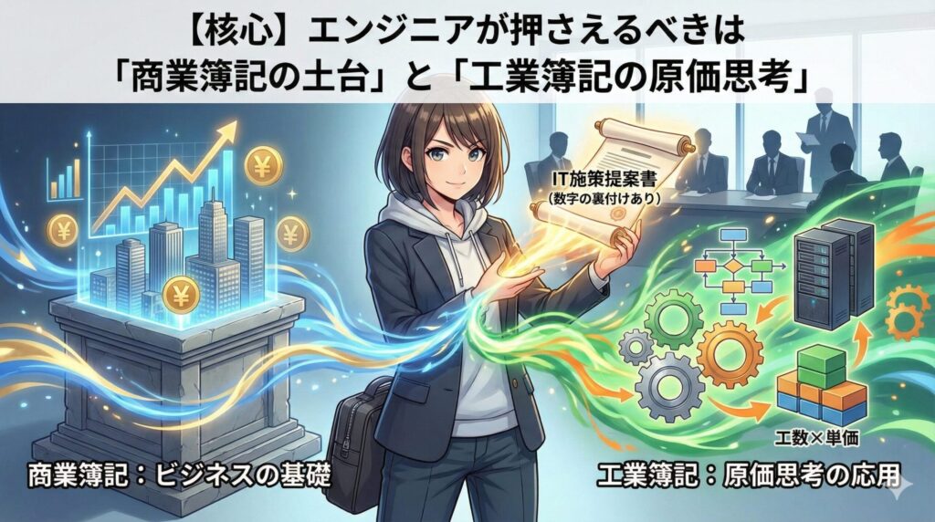 女性エンジニアが、左側の「商業簿記（ビジネスの基礎）」と右側の「工業簿記（原価思考）」のスキルを融合させ、経営層に向けて「数字の裏付けがあるIT施策提案書」を提示しているアニメ調イラスト。