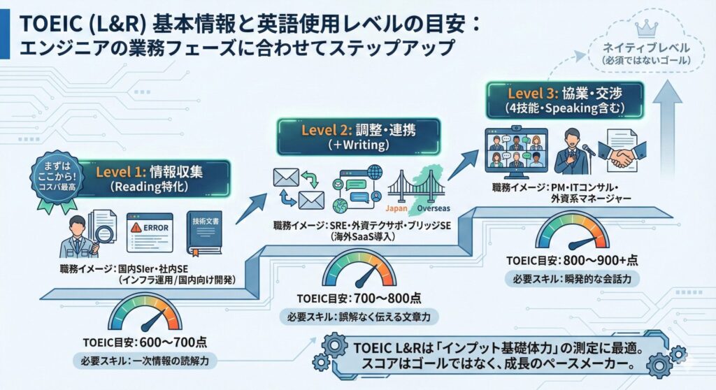 ITエンジニアに必要な英語力とTOEIC L&Rスコアの目安を、業務フェーズ別に示したステップアップ図。Level 1（情報収集：600〜700点）から、Level 2（調整・連携：700〜800点）、Level 3（協業・交渉：800〜900+点）までの具体的な職務イメージと必要スキルを可視化している。