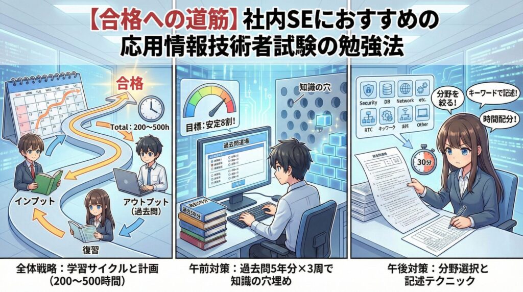 社内SE向けの応用情報技術者試験勉強法を解説したアニメ調イラスト。「全体戦略：学習サイクルと計画（200～500時間）」「午前対策：過去問5年分×3周で知識の穴埋め」「午後対策：分野選択と記述テクニック」の3つのパネルで、合格への具体的な道筋を図解している。