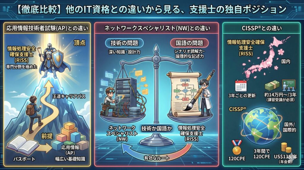 主要なIT資格と情報処理安全確保支援士（RISS）の違いを比較した図解。応用情報技術者試験を前提とした「頂点」としての位置づけ、技術力重視のネットワークスペシャリストに対し「国語力」が問われる性質、国際資格CISSPと比較した際の「国内」中心の活動領域と維持費用構造を視覚的に解説