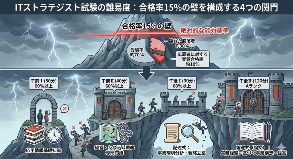 ITストラテジスト試験の難易度を示す図。合格率15%（実質合格率約10%）という高い壁と、それを構成する4つの関門（午前I、午前II、午後I記述式、午後II論文式）をイラストで解説。各段階で受験者が脱落していく厳しい試験構造を視覚化。