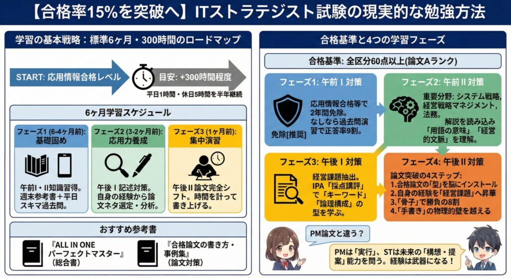 合格率15%を突破するためのITストラテジスト試験の現実的な勉強方法。応用情報合格レベルから標準6ヶ月・300時間の学習ロードマップとスケジュールを図解。合格基準（全区分60点以上・論文Aランク）と、午前I免除から午後II論文対策（4ステップ）までの4つの試験区分ごとの対策ポイントを詳細に解説
