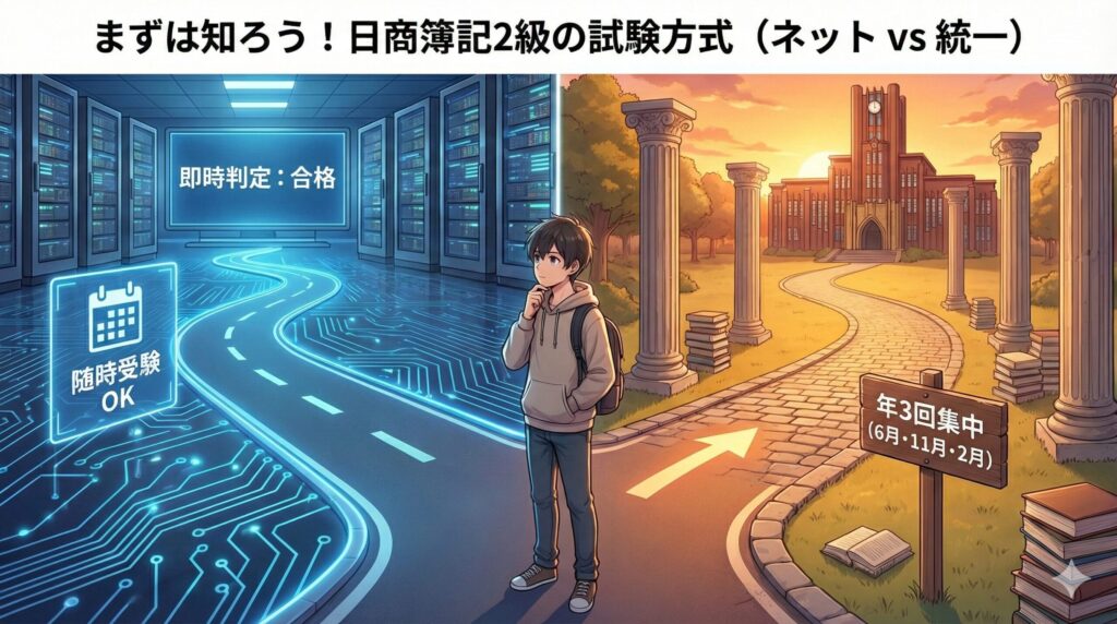 H2画像：日商簿記2級の「ネット試験（左：デジタル、随時受験OK、即時判定）」と「統一試験（右：アナログ、年3回集中）」の二つの道を前に、どちらに進むか思案しているエンジニアのアニメ調イラスト