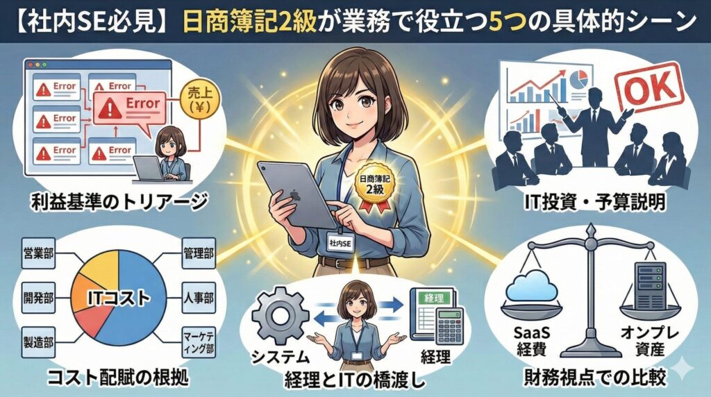 日商簿記2級を持つ社内SE（女性）を中心に、業務で役立つ5つのシーン（利益基準のトリアージ、IT投資説明、SaaS/オンプレ比較、経理との橋渡し、コスト配賦の根拠）を描いたアニメ調の図解イラスト。