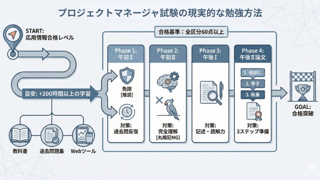 プロジェクトマネージャ試験の現実的な勉強方法を示すインフォグラフィック。応用情報合格レベルからスタートし、200時間以上の学習時間を目安に、午前I（免除推奨）、午前II（過去問完全理解）、午後I（記述・読解力）、午後II論文（3ステップ準備）の4フェーズを経て合格を目指す戦略を図解