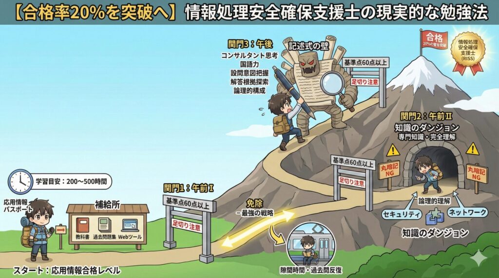 情報処理安全確保支援士の合格率20%突破に向けた学習ロードマップの図解。応用情報合格レベルを前提とし、必要な学習時間と教材、そして「午前I（免除推奨）」「午前II（論理的理解）」「午後（記述・国語力）」という3段階の関門攻略法を順序立てて解説している。