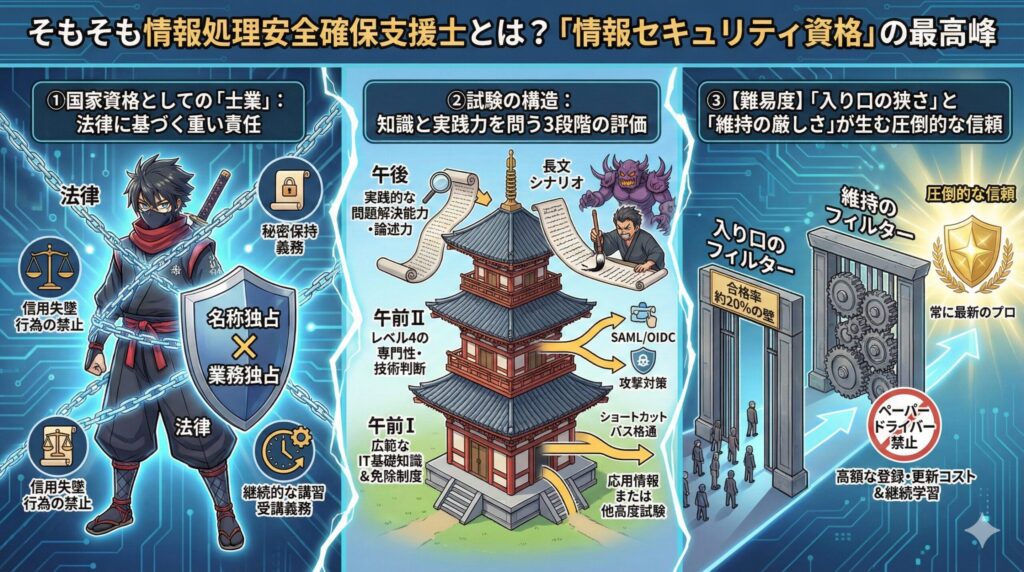情報セキュリティ資格の最高峰である国家資格「情報処理安全確保支援士」の価値を示す画像。法律に基づく重い責任（士業）と、厳しい試験・維持のフィルターによって裏打ちされた圧倒的な信頼性を表現している