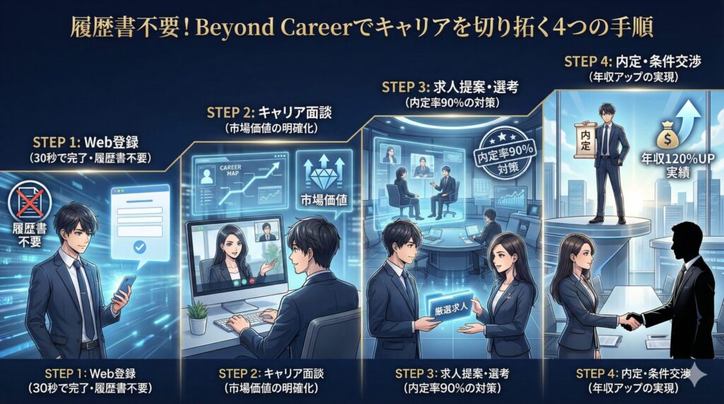 履歴書不要でBeyond Careerを利用する4つの手順：Web登録から内定・条件交渉までの流れをイラスト化