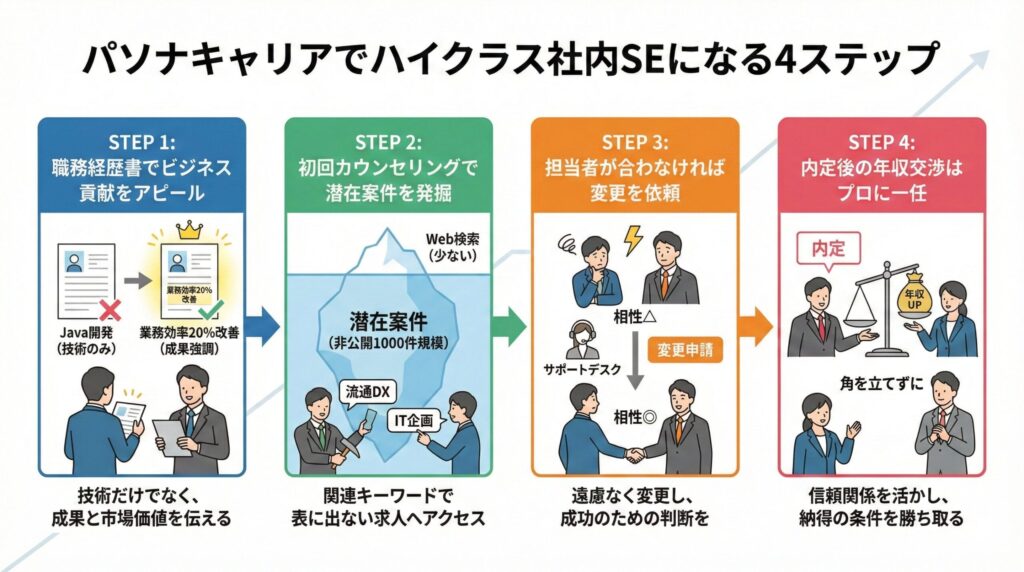 パソナキャリア利用の流れ：経歴書アピール、潜在案件発掘、担当者変更、年収交渉の4段階プロセス図