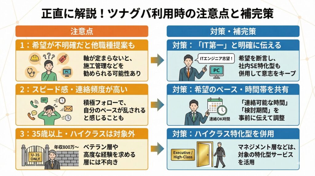 「ツナグバ利用時の注意点と補完策」の解説図。希望職種の明確化、連絡ペースの調整、35歳以上・ハイクラス層への対策という3つのポイントが、注意点と具体的な補完策の対比で図解されています。