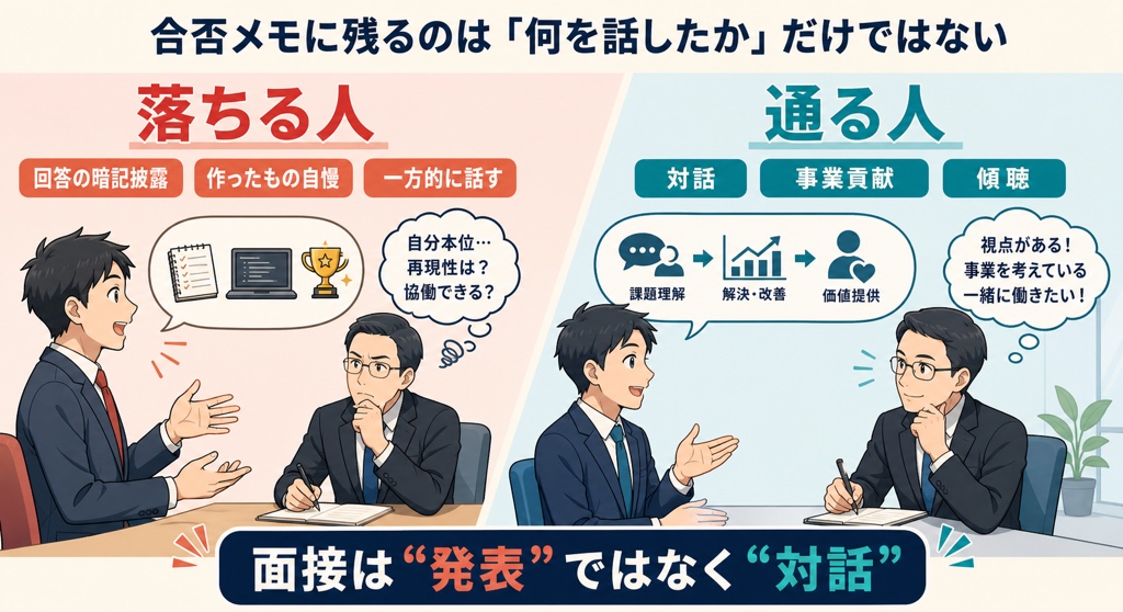 面接で落ちる人のふるまい（回答の暗記披露・作ったもの自慢・一方的に話す）と通る人のふるまい（対話・事業貢献・傾聴）を左右で対比し、「面接は発表ではなく対話」と示したイラスト