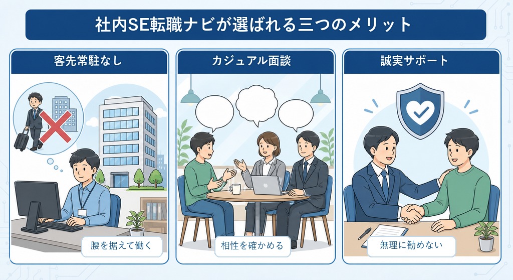 インフォグラフィック：「社内SE転職ナビ」が選ばれる3つのメリット。メリット1は「客先常駐なし」の求人に限定し、腰を据えて働ける環境を厳選。メリット2は選考前の「カジュアル面談」でCTOや情シス部長と相性を確認しミスマッチを防止。メリット3は無理な転職を勧めない誠実なサポートで、高い定着率につながっている。