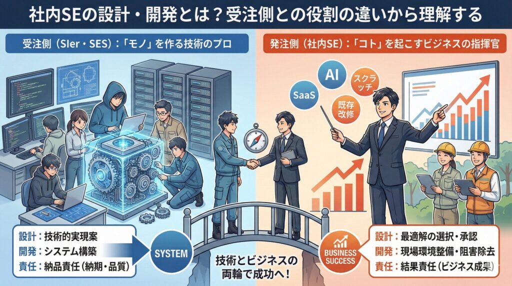 システム開発における社内SEとベンダーの役割分担を示す図解イラスト。受注側は技術的なシステム構築を担い、発注側の社内SEは最適解の選択や現場環境整備を通じてビジネス成果に責任を持つという両者の協力体制を表現している。