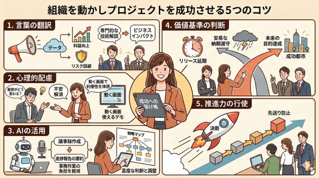 社内SEが組織を動かし、プロジェクトを成功へ導くための5つのコツ（言葉の翻訳、心理的配慮、AIの活用、価値基準の判断、推進力の行使）をまとめた図解イラスト。中央の女性がプロジェクトを主導しています。