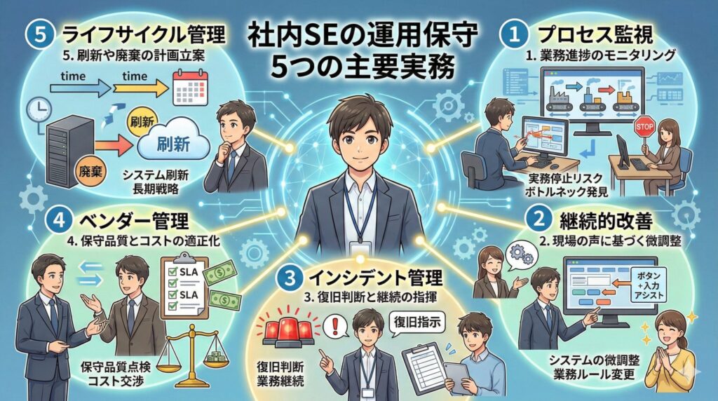 社内SEのシステム運用保守工程における5つの主要実務（プロセス監視、継続的改善、インシデント管理、ベンダー管理、ライフサイクル管理）をまとめたインフォグラフィック図解。