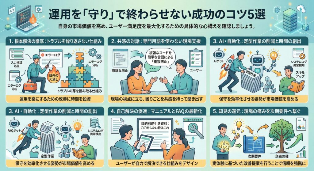 「運用を守りで終わらせない成功のコツ5選」の図解。根本解決、共感の対話、AI・自動化、自己解決促進、知見の還元の5項目について、社内SEが取り組むべき具体的な改善策と心構えを示しています。